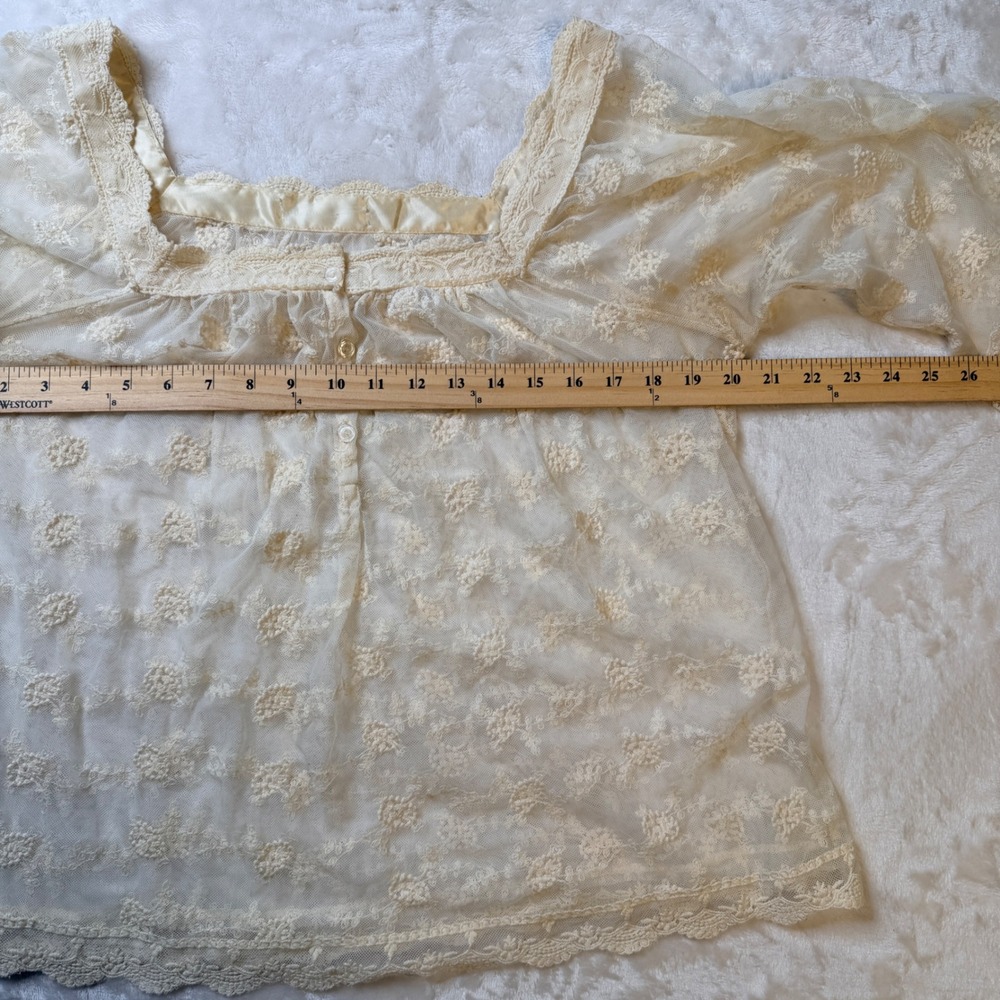 Cream Floral Lace Sheer Blouse Fairy Cottage Whimsy Square Neck Mesh Top - Picture 9 of 9